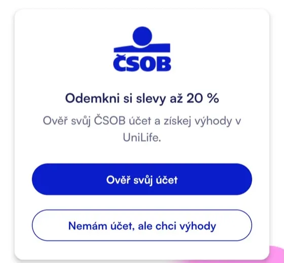 Úvodní obrazovka aplikace UniLife s modrým blokem ČSOB a tlačítkem Ověř svůj účet